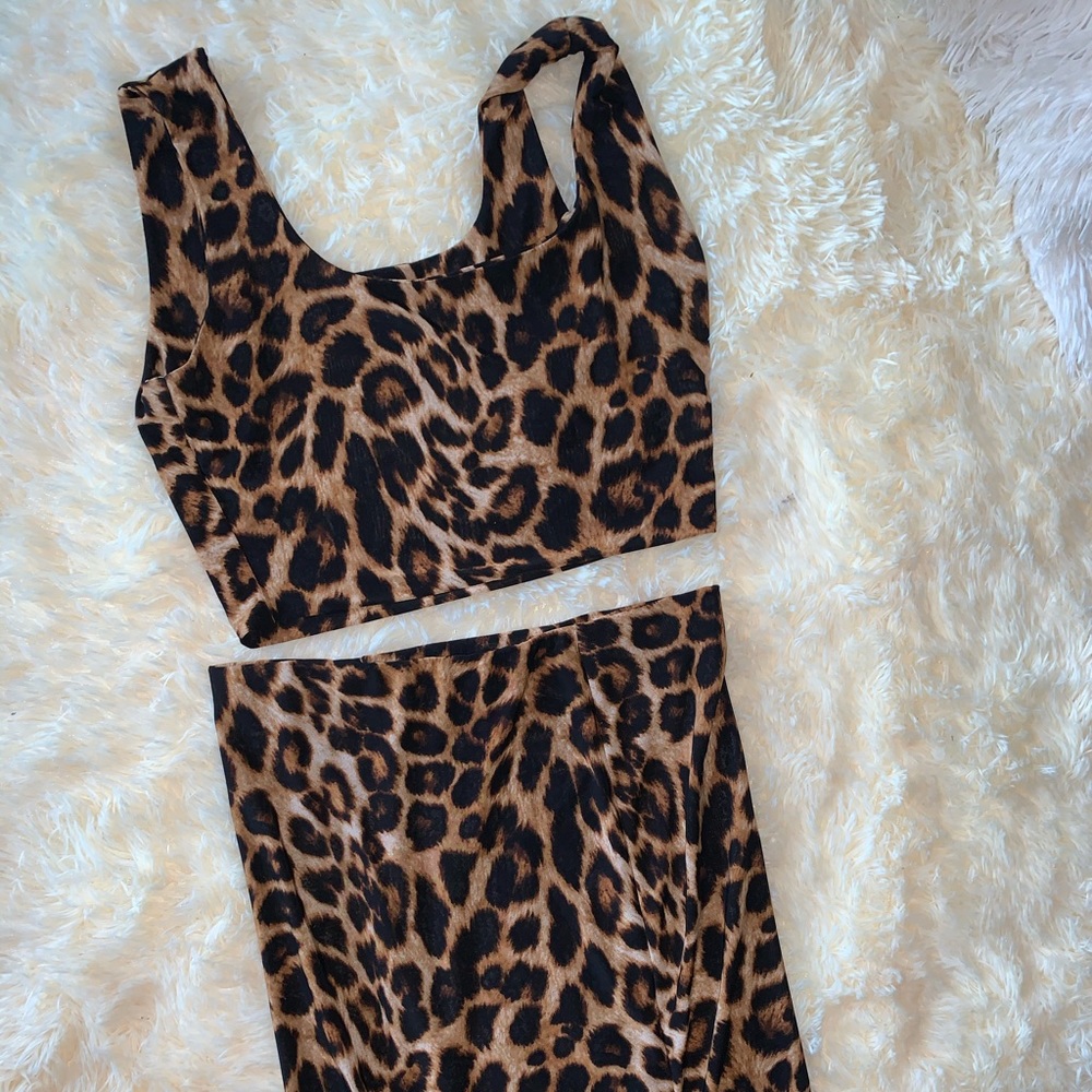 Matching leopard print top and skirt